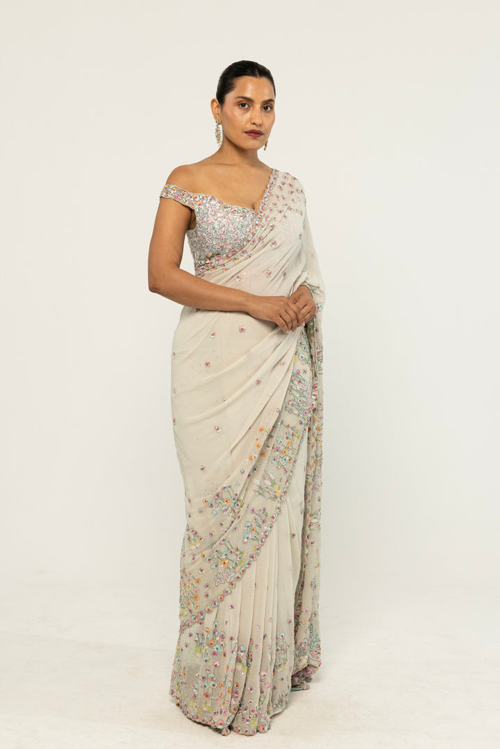 Verdure Hand-Embroidered Saree Set in Mint