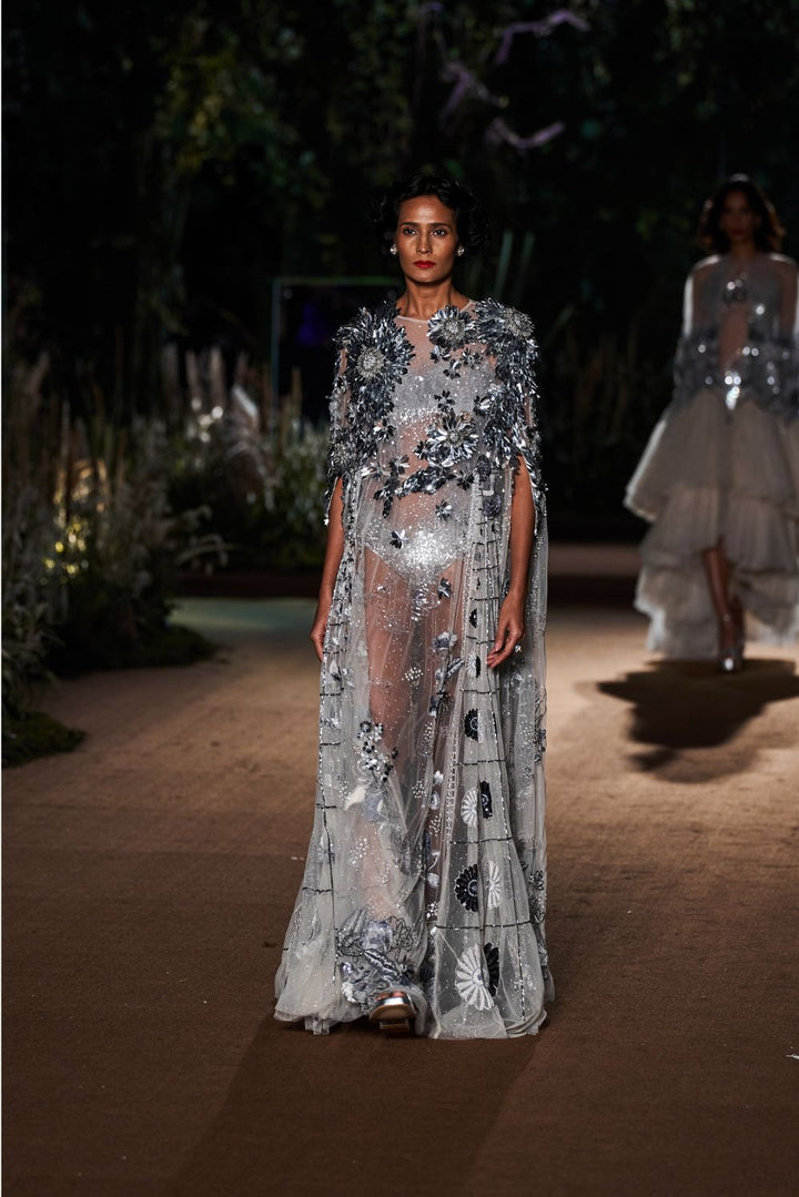 Padma Hand-Embroidered Gown with Classic Hand-Embroidered Leotard in Ivory and Silver