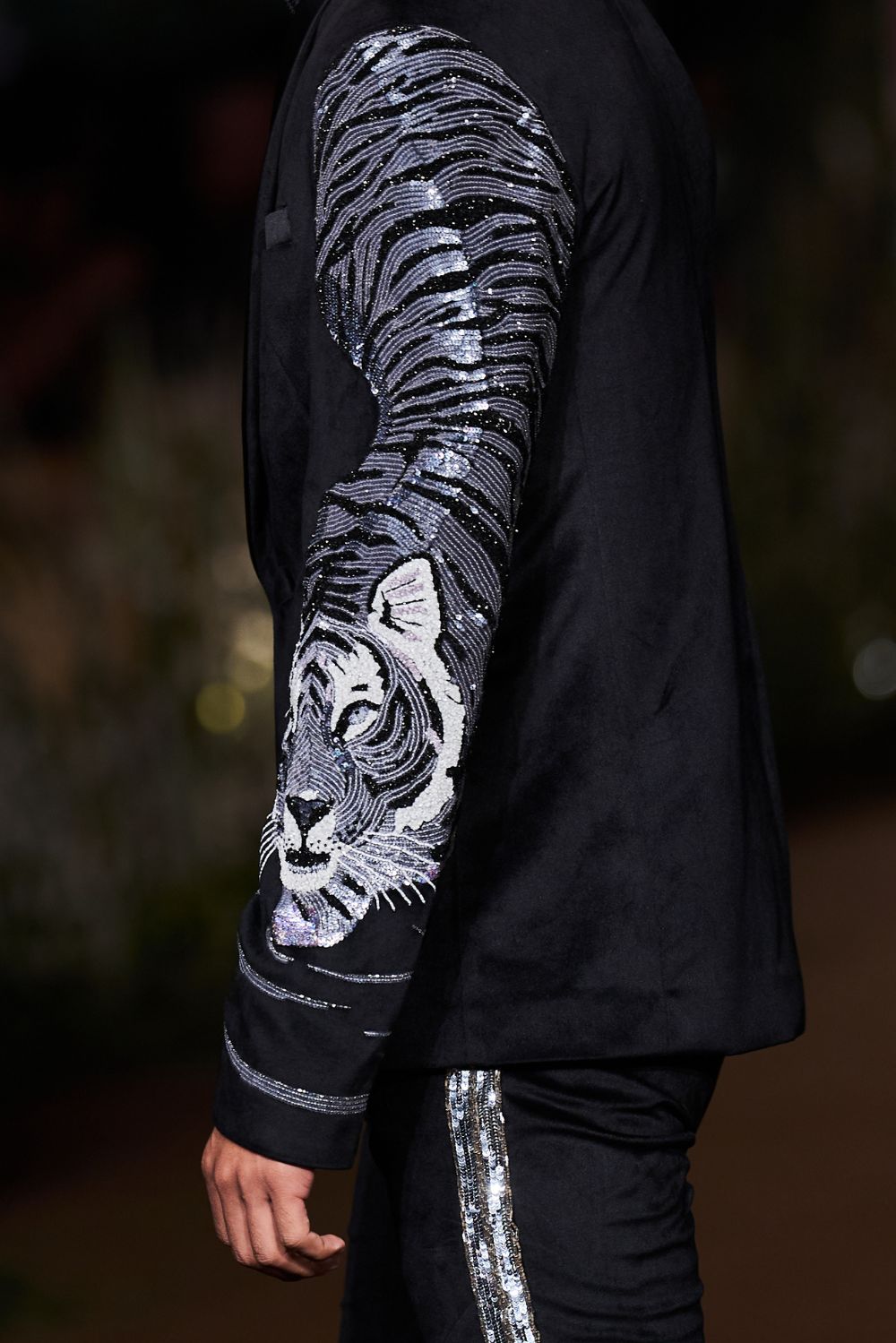 Sundarbans Silk Velvet Jacket with Classic Hand-Embroidered Shirt and Hand-Sequinned Trousers in Black and White