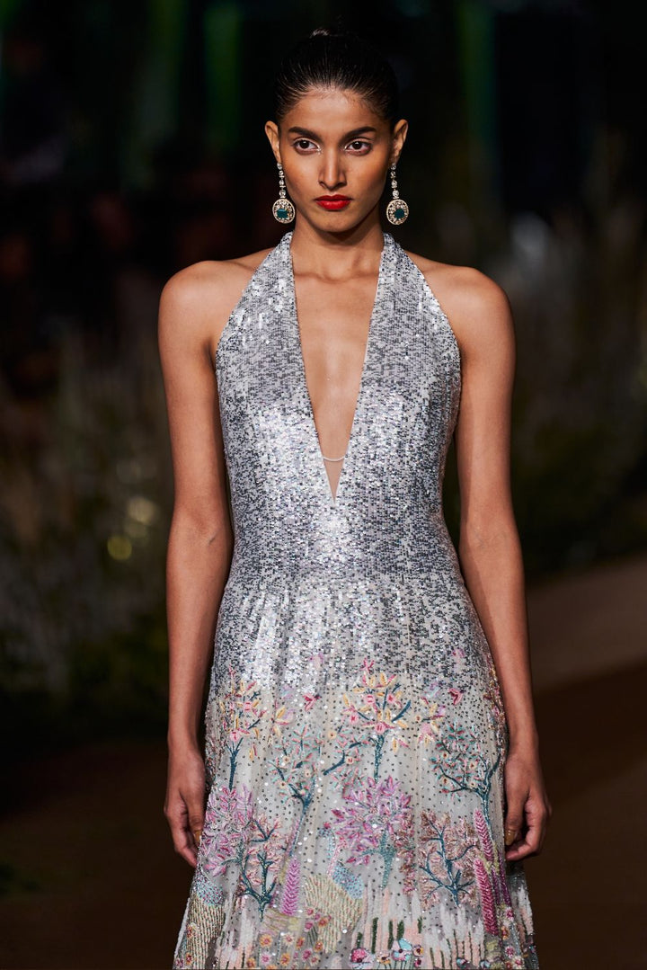 Verdure Pastel Silk Organza Gown in Ivory and Multi