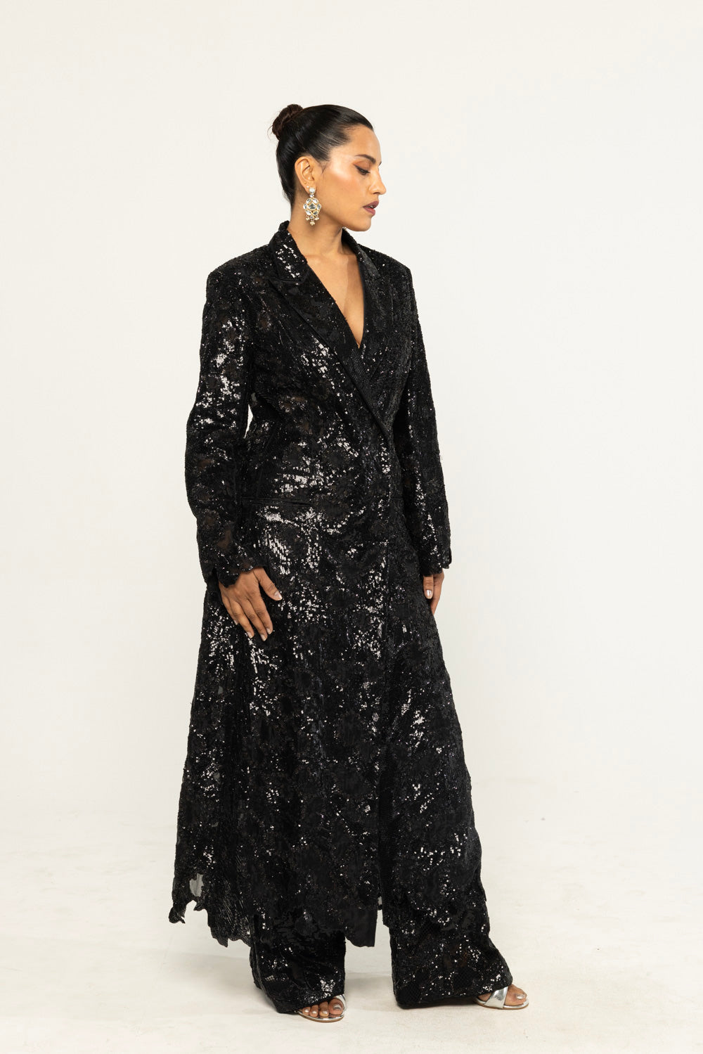 Textured Leaf Hand-Embroidered Trench Co-ord Set in Black