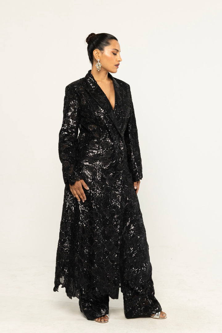 Textured Leaf Hand-Embroidered Trench Co-ord Set in Black