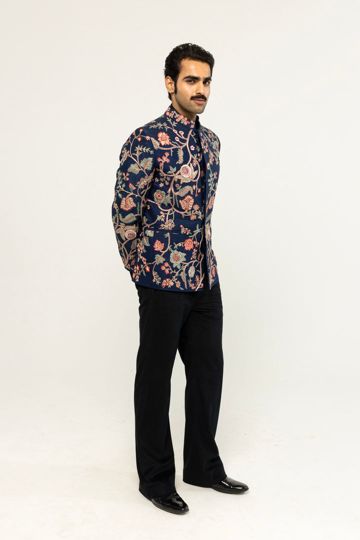 Anar Bel Hand-Embroidered Bandhgala in Navy
