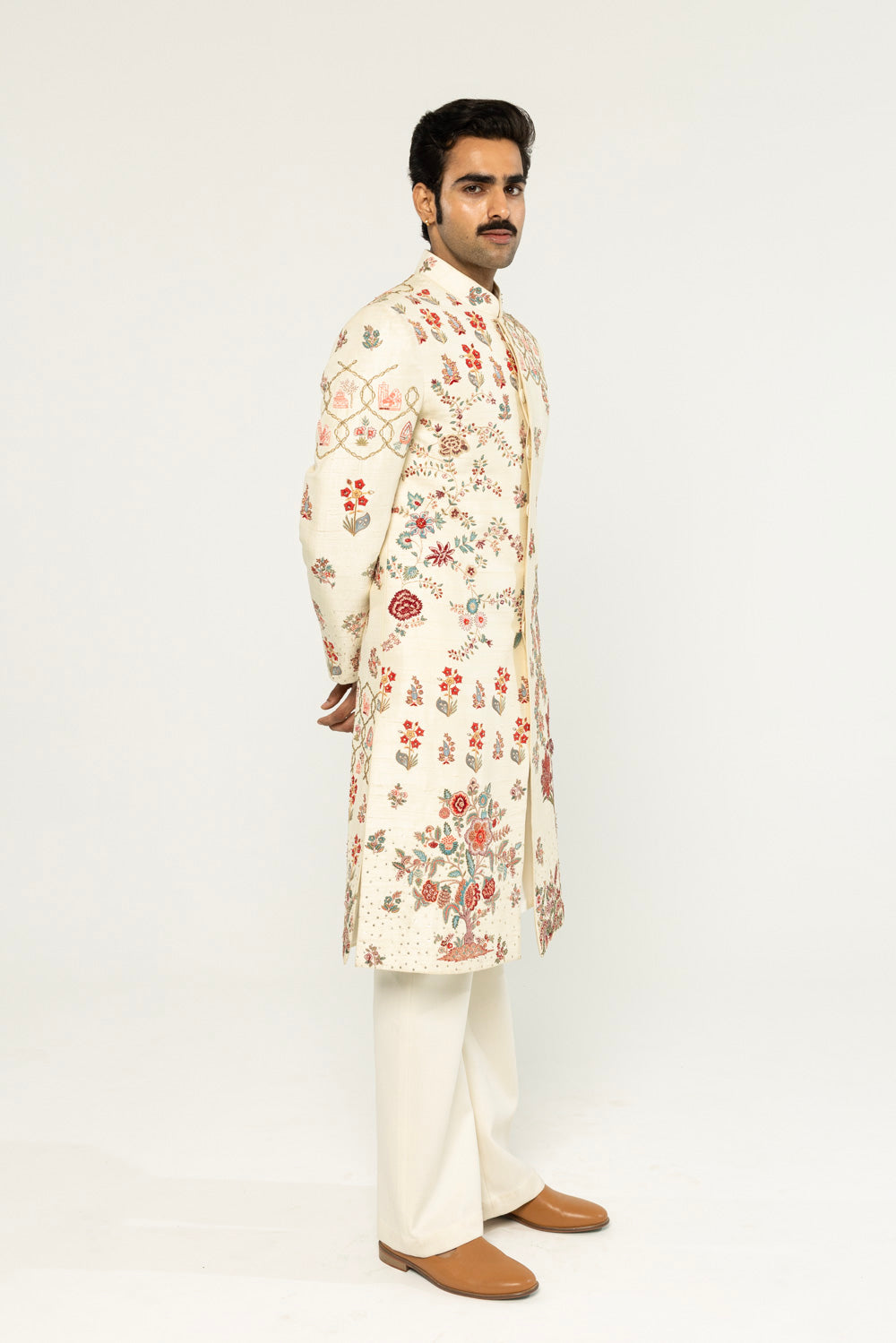 Chintz Hand-Embroidered Sherwani in Off White