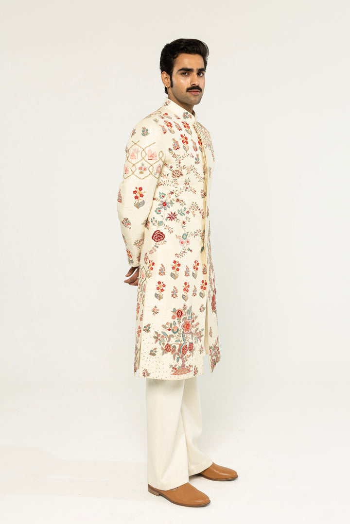 Chintz Hand-Embroidered Sherwani in Off White