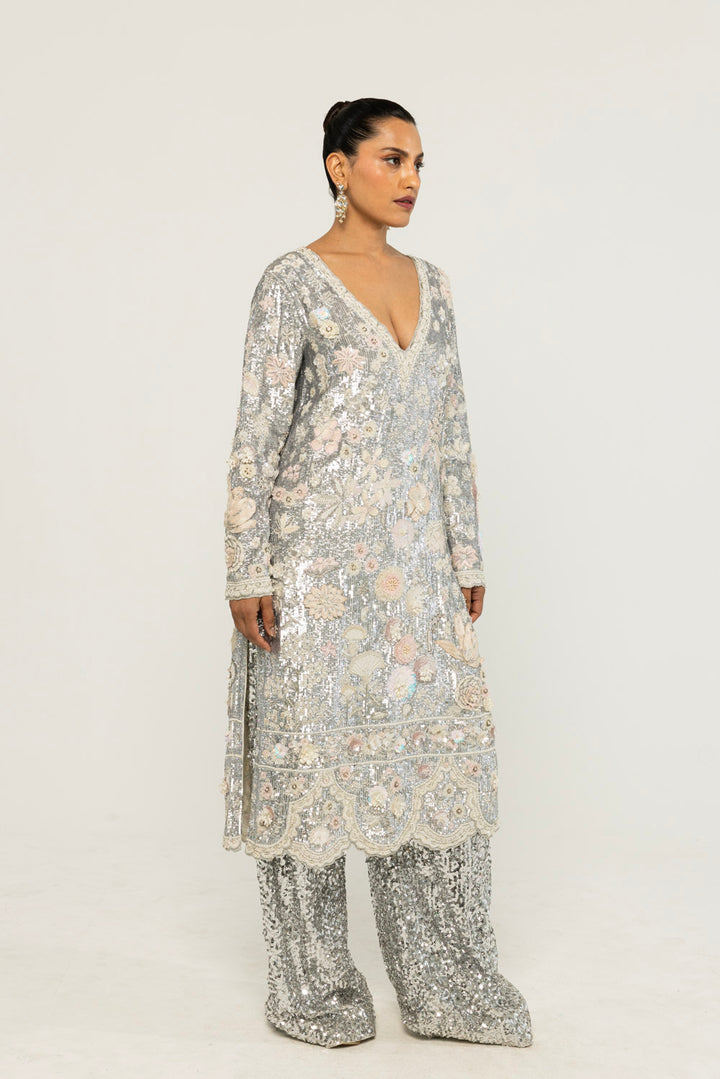 Himadri Hand-Embroidered Kurta Set in Silver