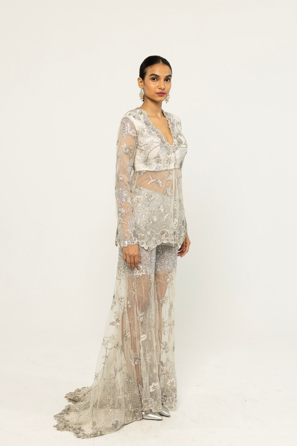 Anar Bel Hand-Embroidered Jacket Set in Ivory