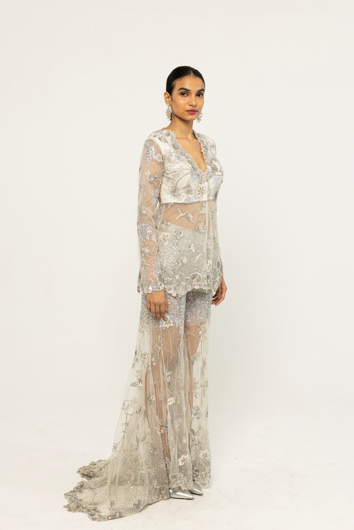 Anar Bel Hand-Embroidered Jacket Set in Ivory