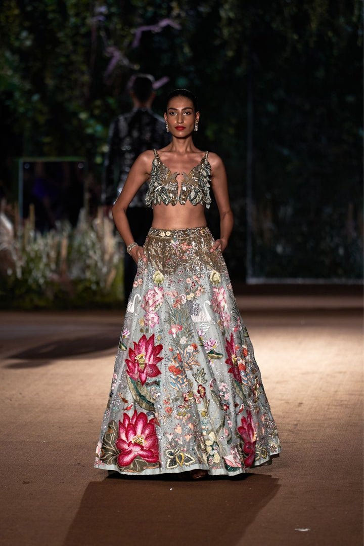 Cosmos Silk Organza Blouse with Sundarbans Hand-Embroidered Lehenga in Mint and Multi