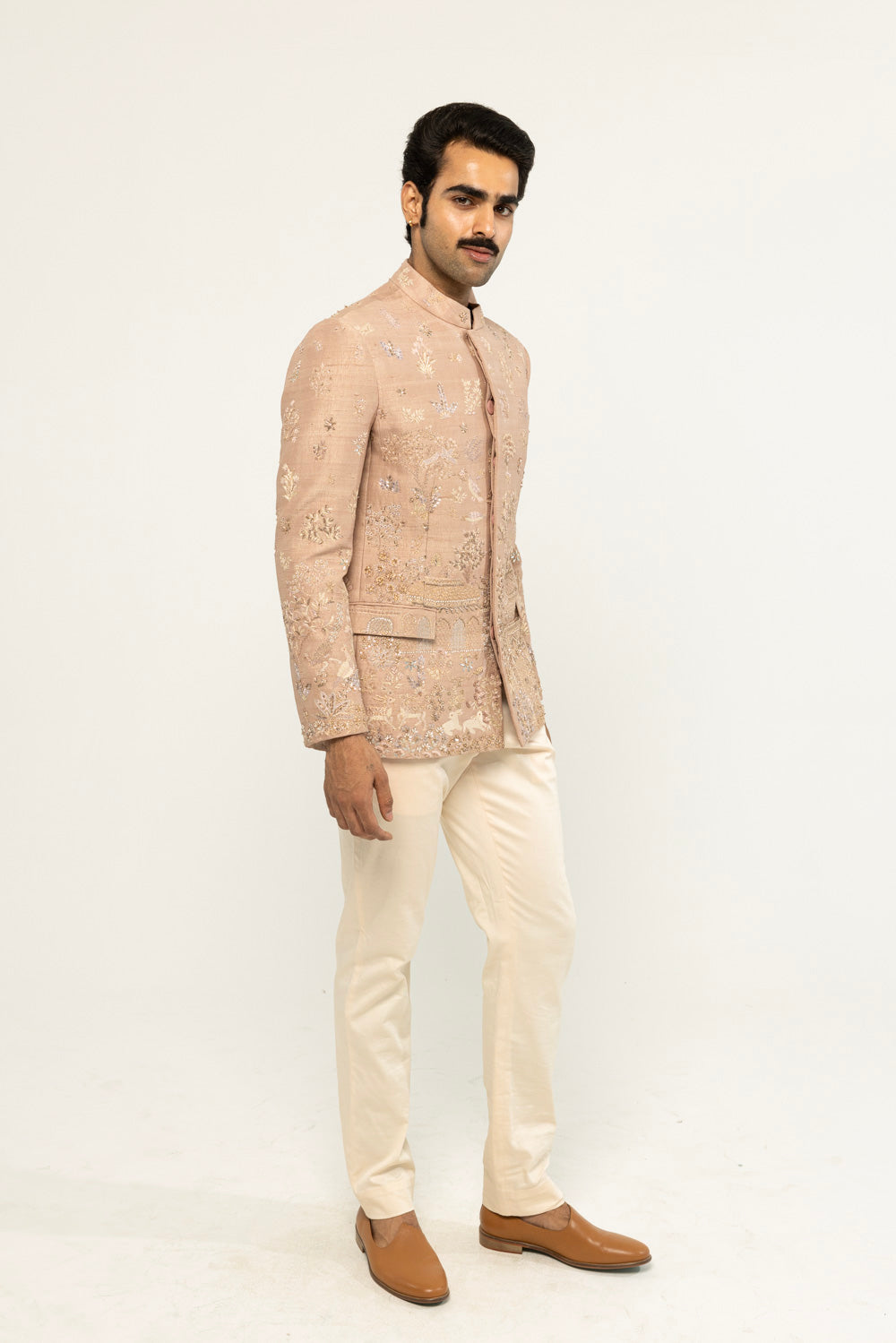 Navbhumi Hand-Embroidered Bandhgala in Pink and Gold