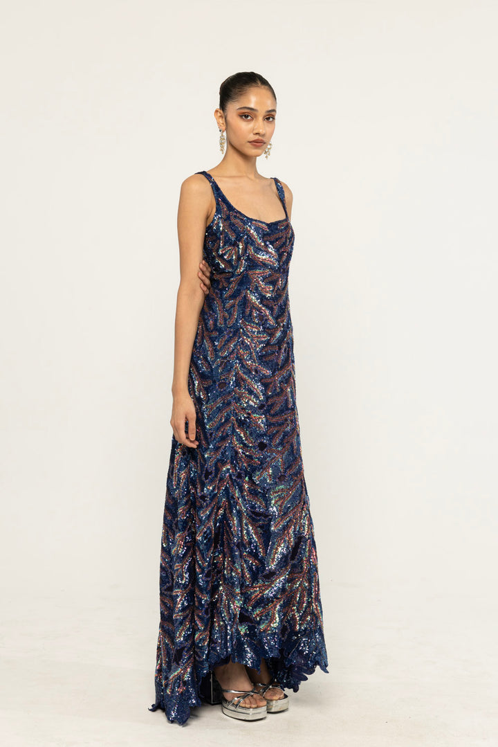 Textured Leaf Hand-Embroidered Gown in Navy