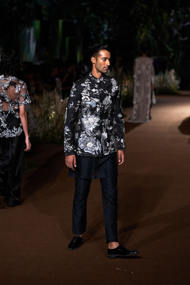 Sundarbans Hand-Embroidered Bandhgala with Classic Kurta and Trousers in Black and Grey