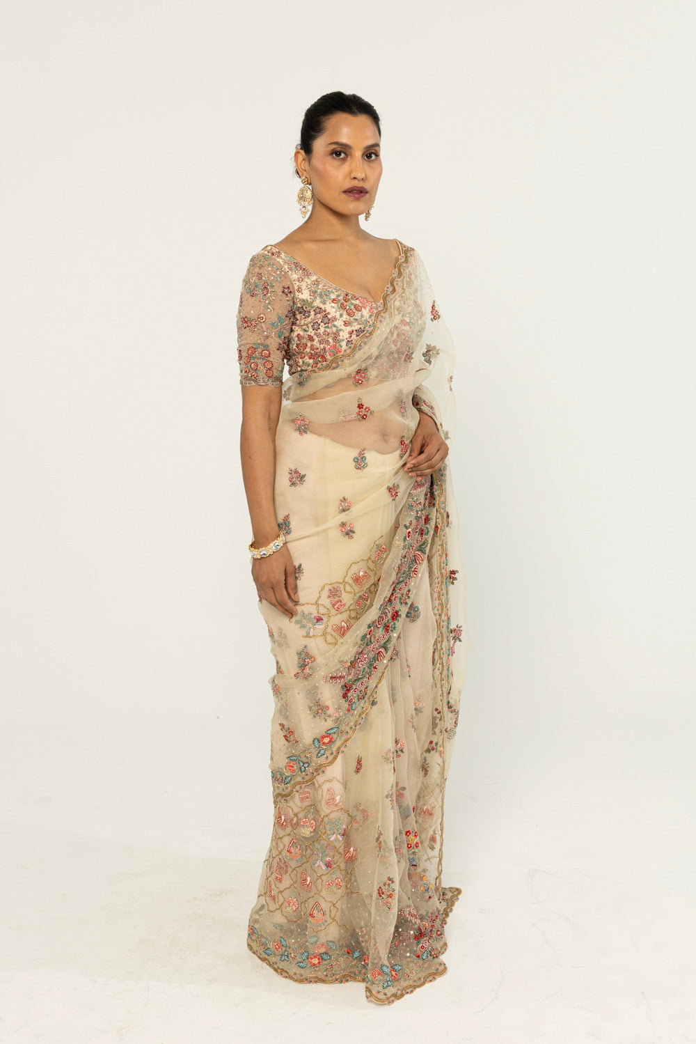 Chintz Hand-Embroidered Saree in Ivory
