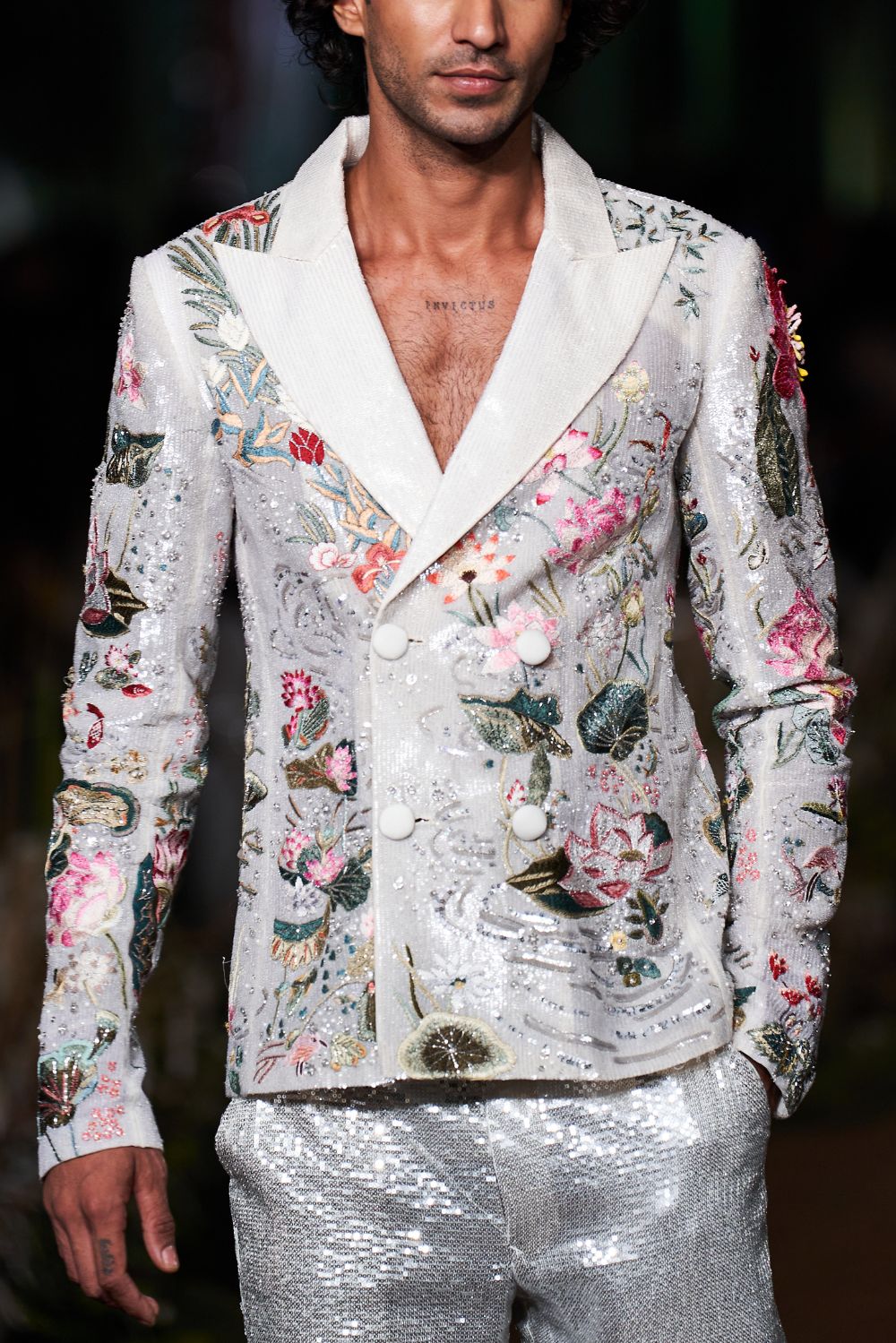 Padma Silk Organza Jacket with Sequinence Hand-Sequinned Trousers in Ivory, Multi, and Silver