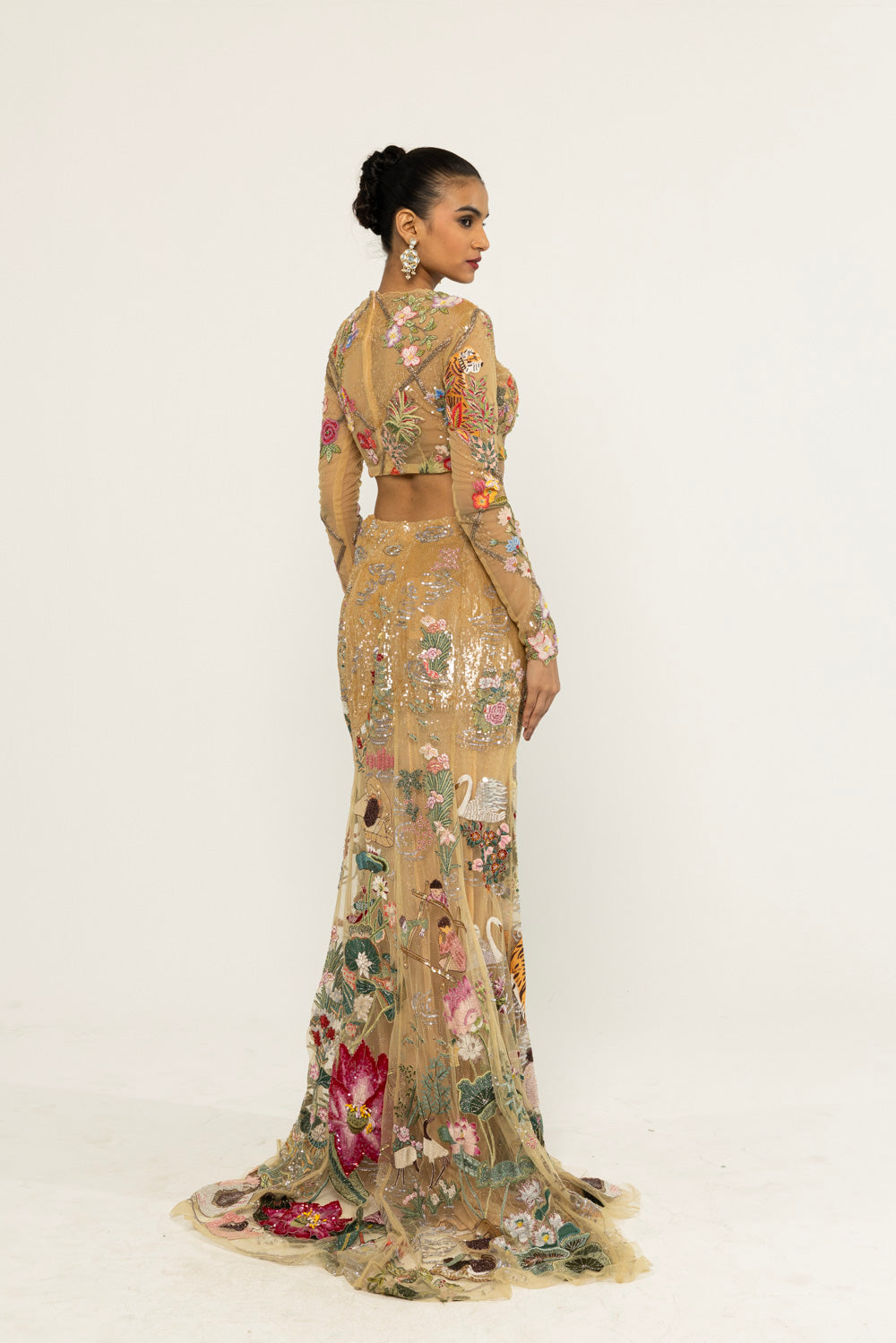 Sundarbans Hand-Embroidered Skirt Set in Nude