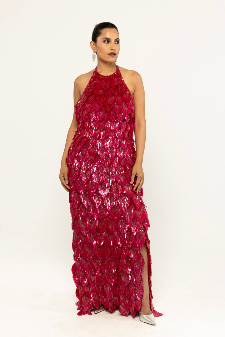 Iris Hand-Embroidered Gown in Ruby