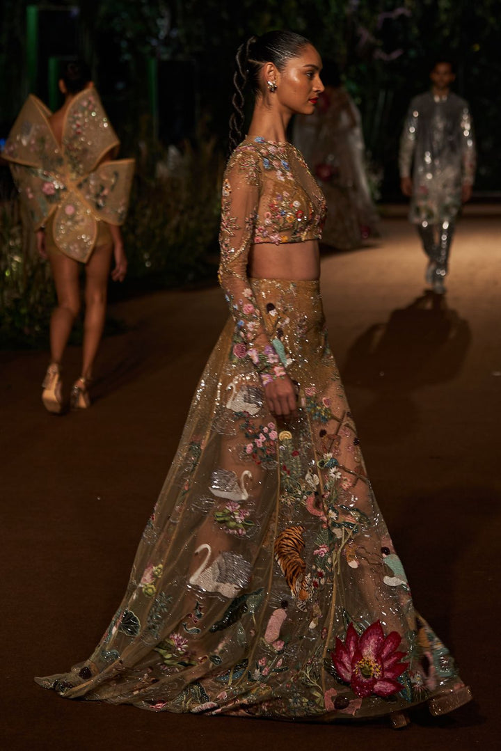 Sundarbans Hand-Embroidered Skirt with Blouse in Nude and Multi