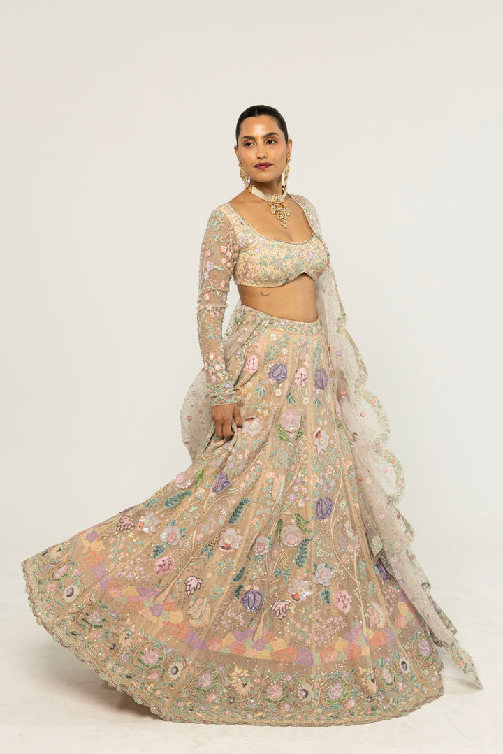 Chintz Hand-Embroidered Lehenga Set in Beige