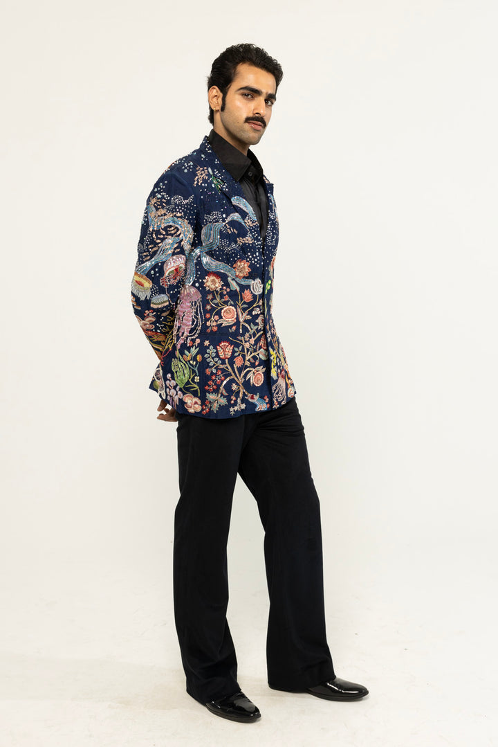 Cosmos Hand-Embroidered Jacket in Navy