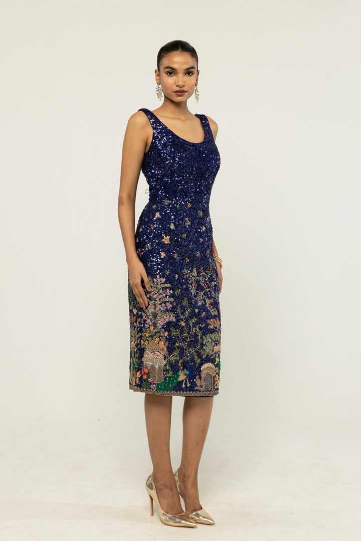 Jharokha Hand-Embroidered Dress in Navy