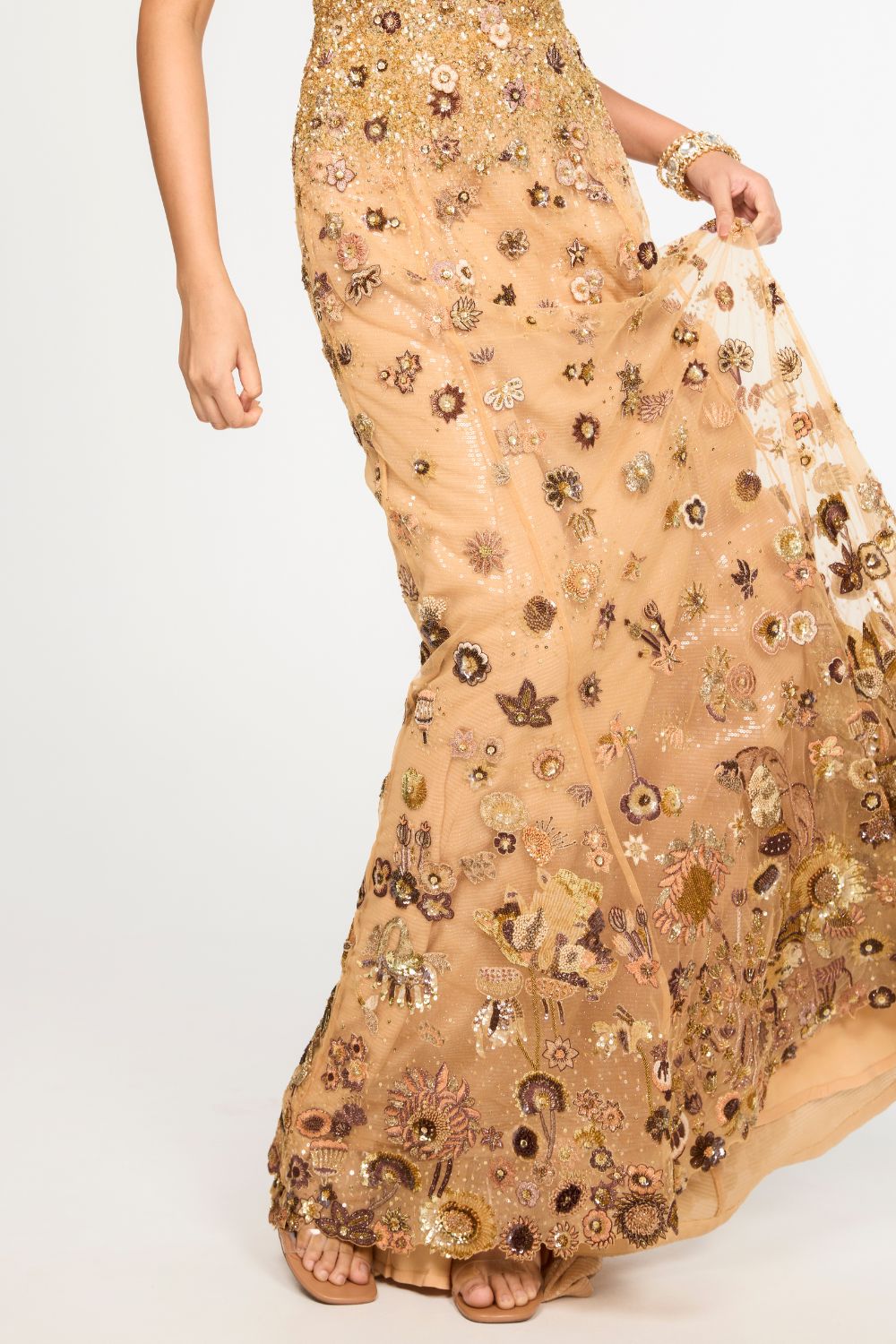Garden Of Time Hand-Embroidered Gown in Nude and Bronze