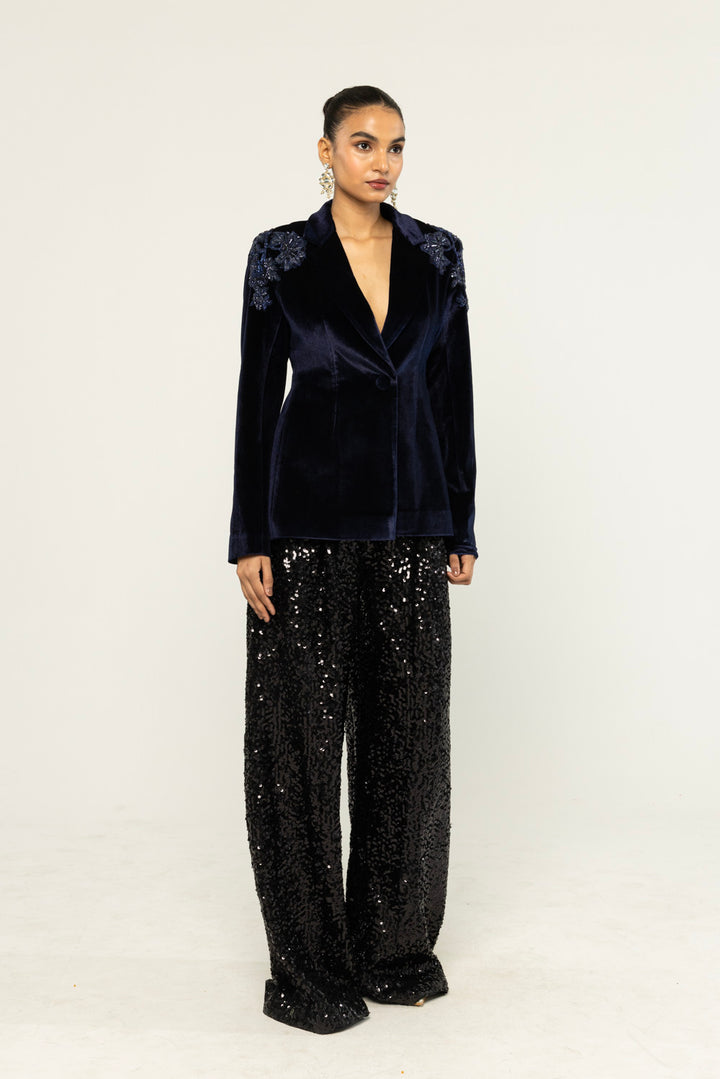 Anar Bel Hand-Embroidered Jacket in Navy
