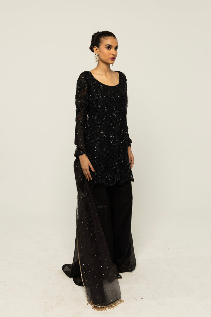Himadri Hand-Embroidered Sharara Set in Black