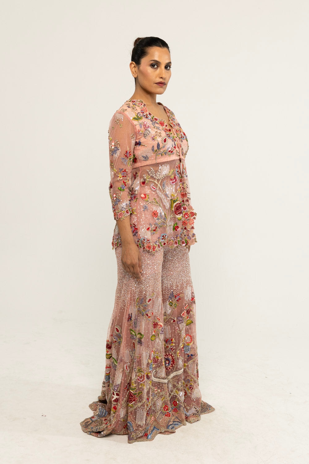 Anar Bel Hand-Embroidered Sharara Set in Dusty Pink