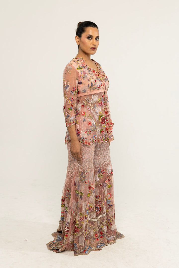 Anar Bel Hand-Embroidered Sharara Set in Dusty Pink