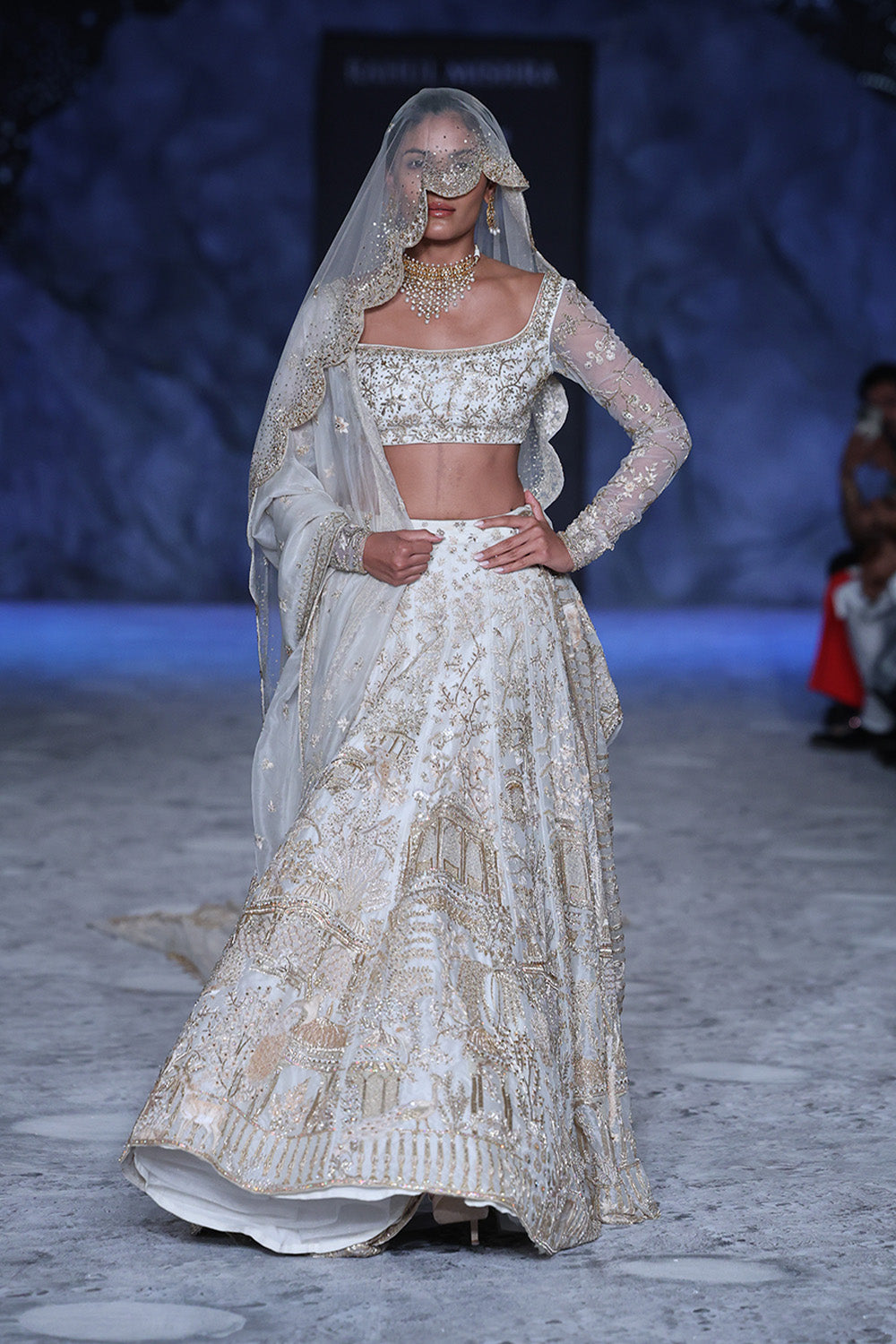 Jharokha Tonal Hand-Embroidered Lehenga Set with Blouse, Dupatta &amp; Veil in Ivory