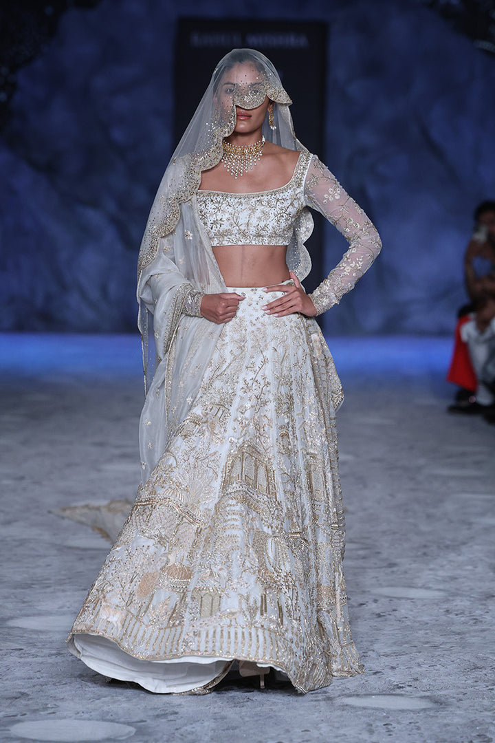 Jharokha Tonal Hand-Embroidered Lehenga Set with Blouse, Dupatta &amp; Veil in Ivory