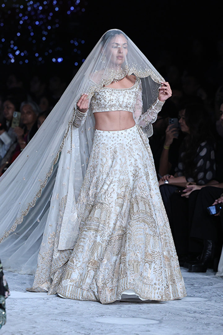 Jharokha Tonal Hand-Embroidered Lehenga Set with Blouse, Dupatta &amp; Veil in Ivory