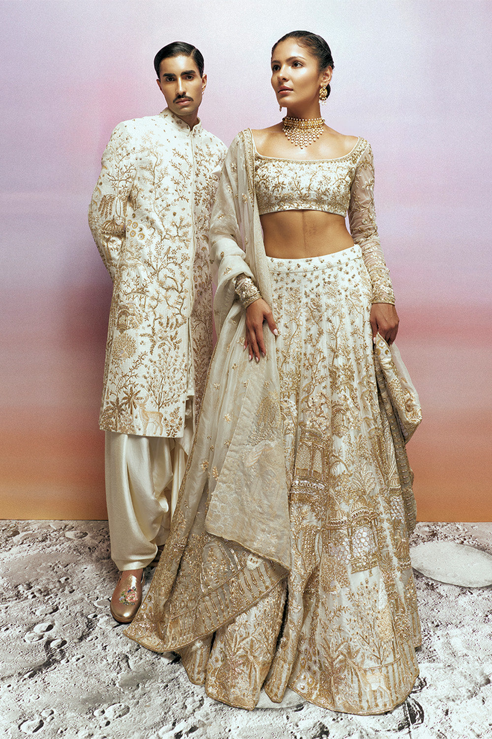 Jharokha Tonal Hand-Embroidered Lehenga Set with Blouse, Dupatta &amp; Veil in Ivory