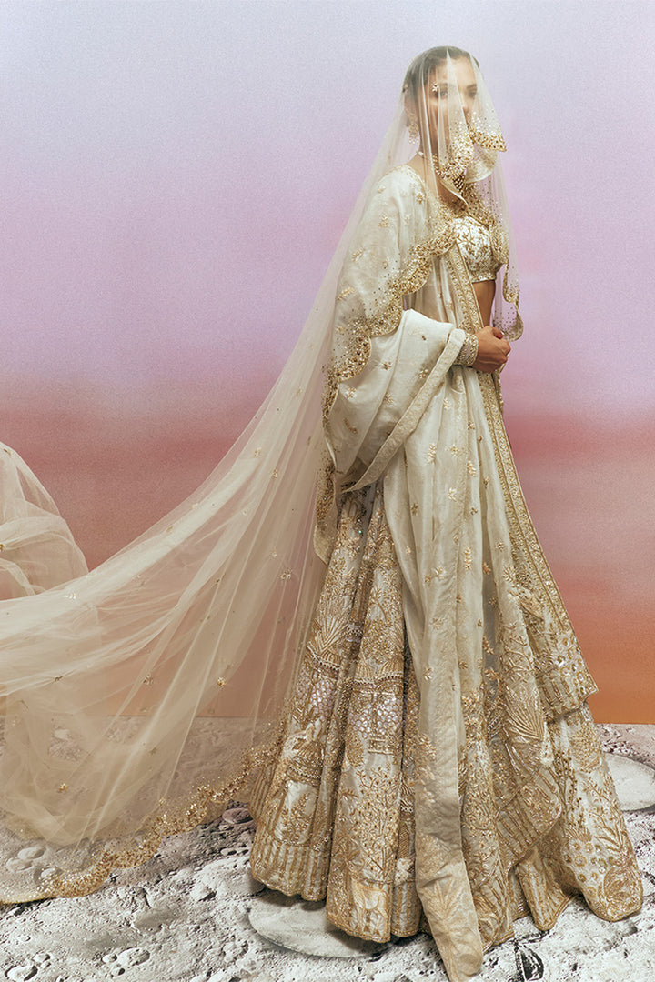 Jharokha Tonal Hand-Embroidered Lehenga Set with Blouse, Dupatta &amp; Veil in Ivory