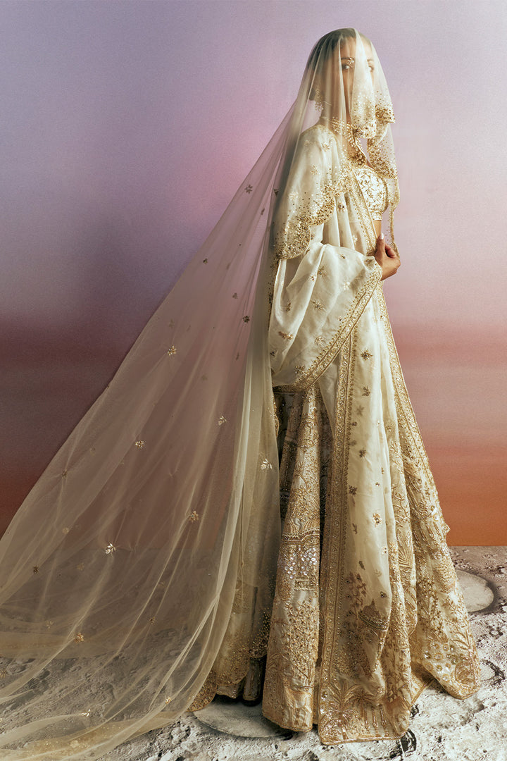 Jharokha Tonal Hand-Embroidered Lehenga Set with Blouse, Dupatta &amp; Veil in Ivory