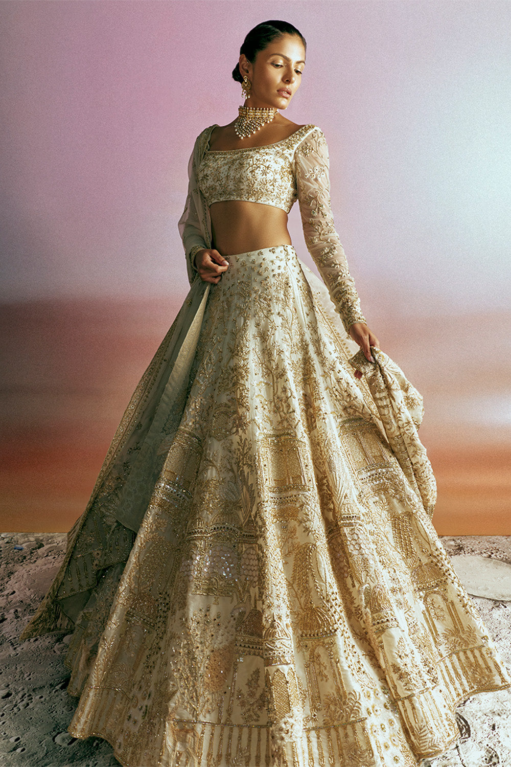 Jharokha Tonal Hand-Embroidered Lehenga Set with Blouse, Dupatta &amp; Veil in Ivory