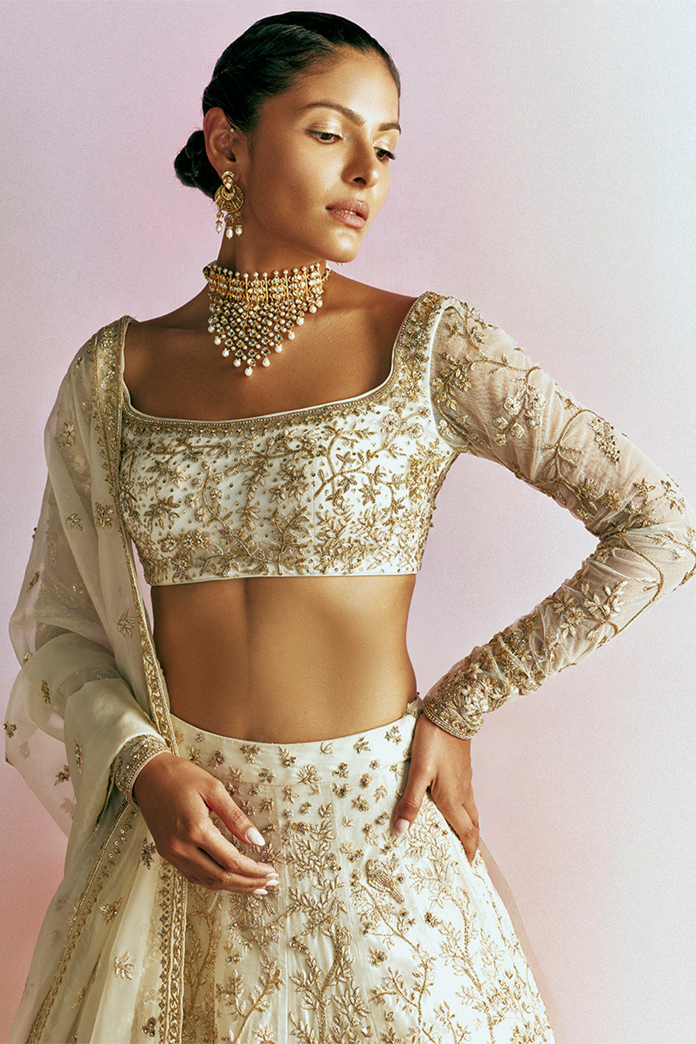 Jharokha Tonal Hand-Embroidered Lehenga Set with Blouse, Dupatta &amp; Veil in Ivory