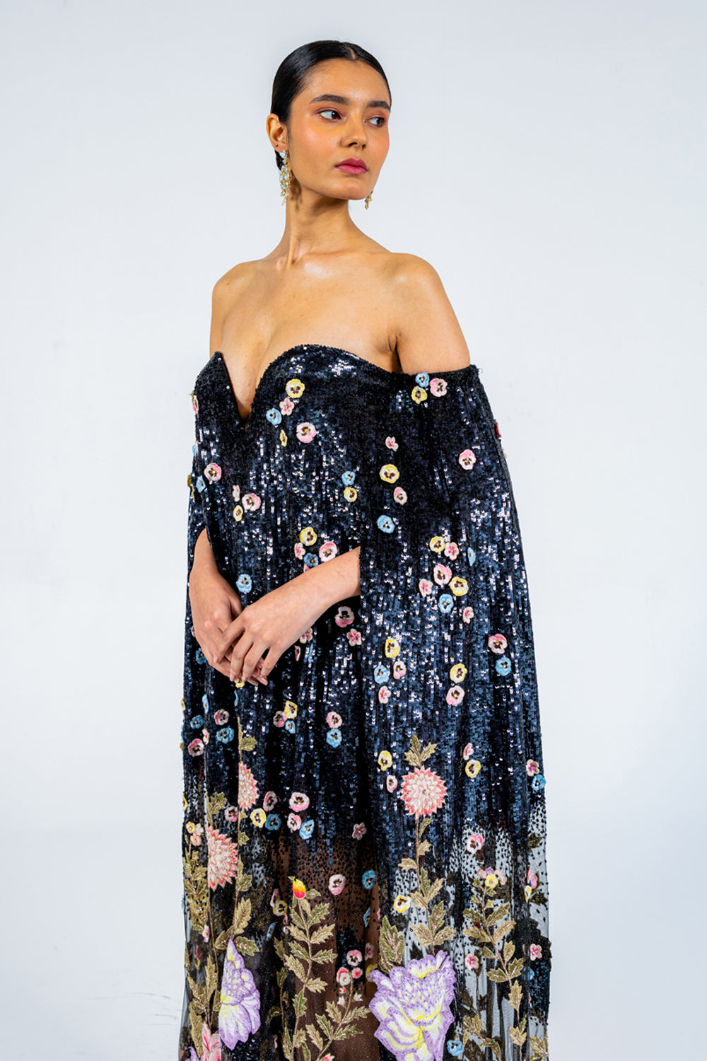 Dahlia Hand-Embroidered Gown in Black