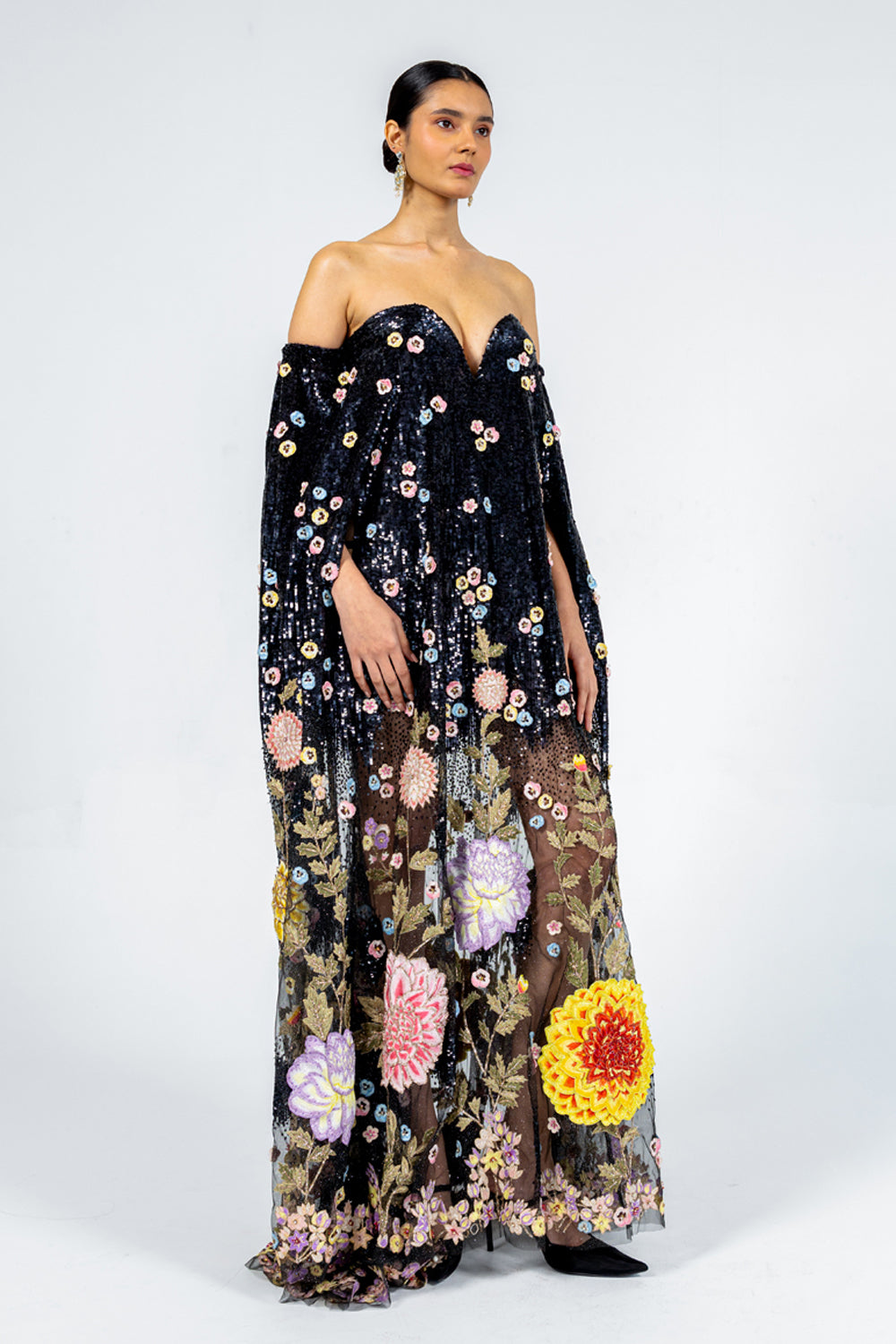 Dahlia Hand-Embroidered Gown in Black