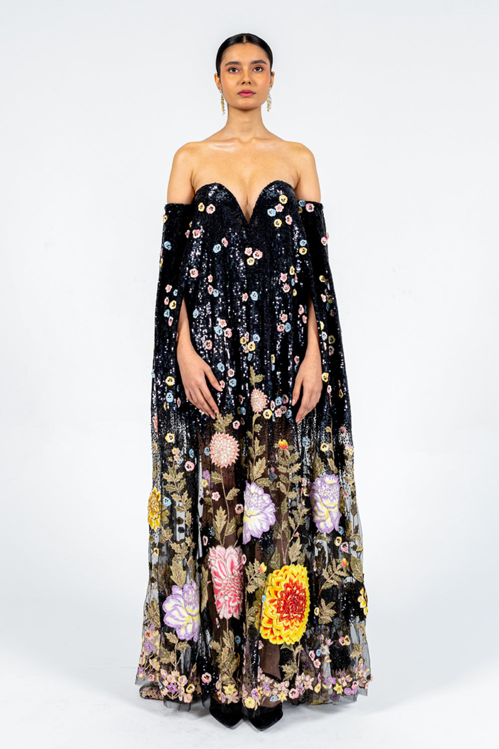 Dahlia Hand-Embroidered Gown in Black