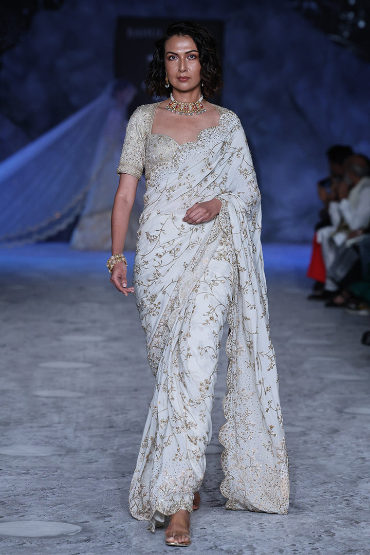 Jharokha Gold Hand-Embroidered Blouse &amp; Saree Set in Gold &amp; Ivory