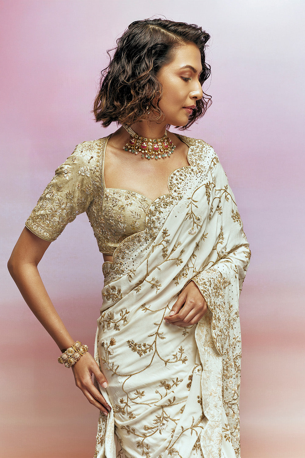 Jharokha Gold Hand-Embroidered Blouse &amp; Saree Set in Gold &amp; Ivory