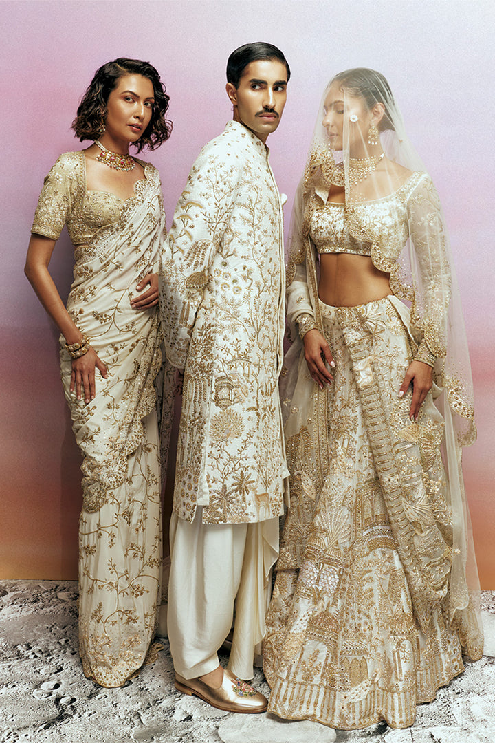 Jharokha Gold Hand-Embroidered Blouse &amp; Saree Set in Gold &amp; Ivory