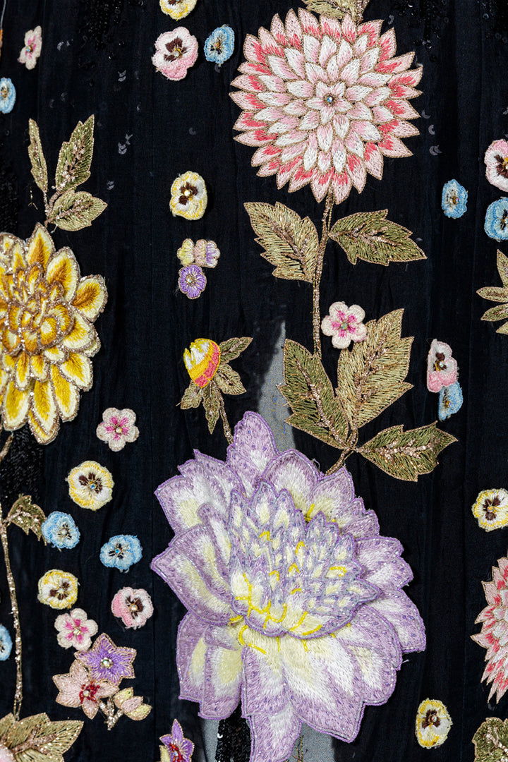 Dahlia Hand-Embroidered Trench Coat in Black