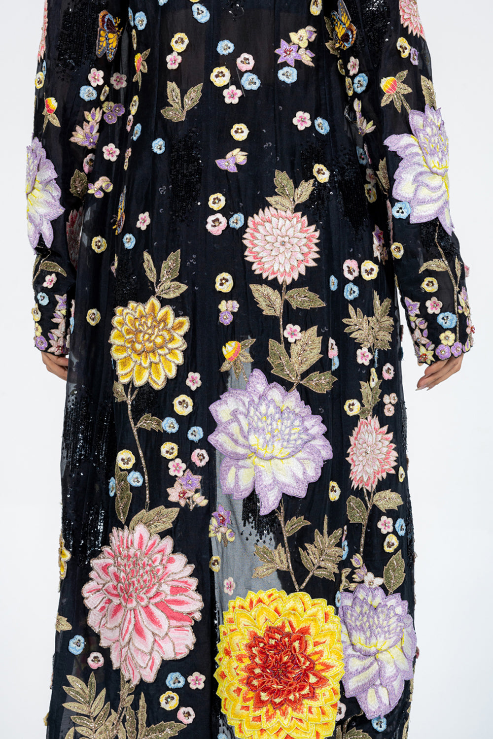 Dahlia Hand-Embroidered Trench Coat in Black