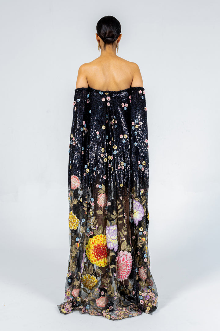 Dahlia Hand-Embroidered Gown in Black