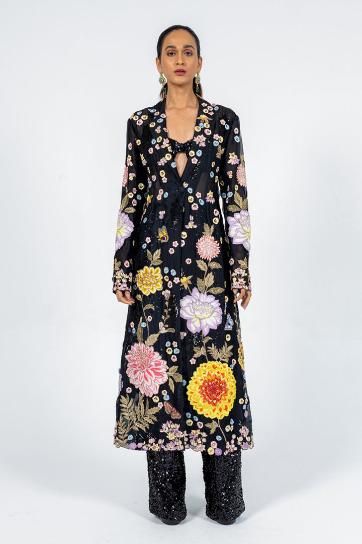 Dahlia Hand-Embroidered Trench Coat in Black