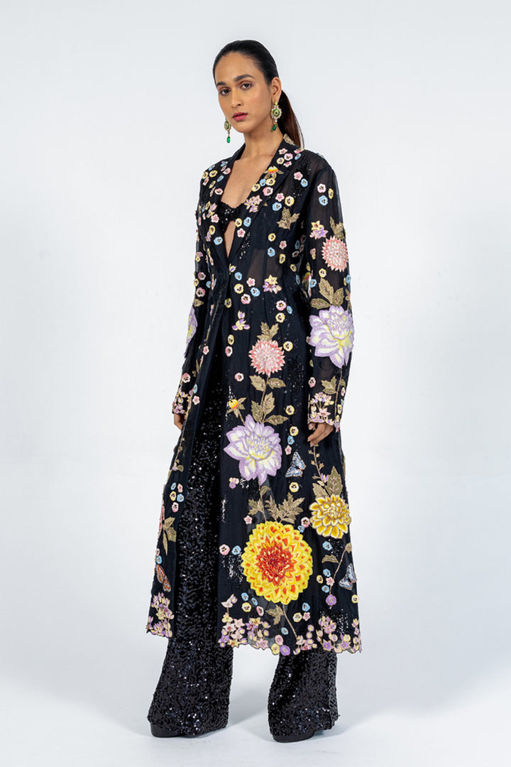 Dahlia Hand-Embroidered Trench Coat in Black