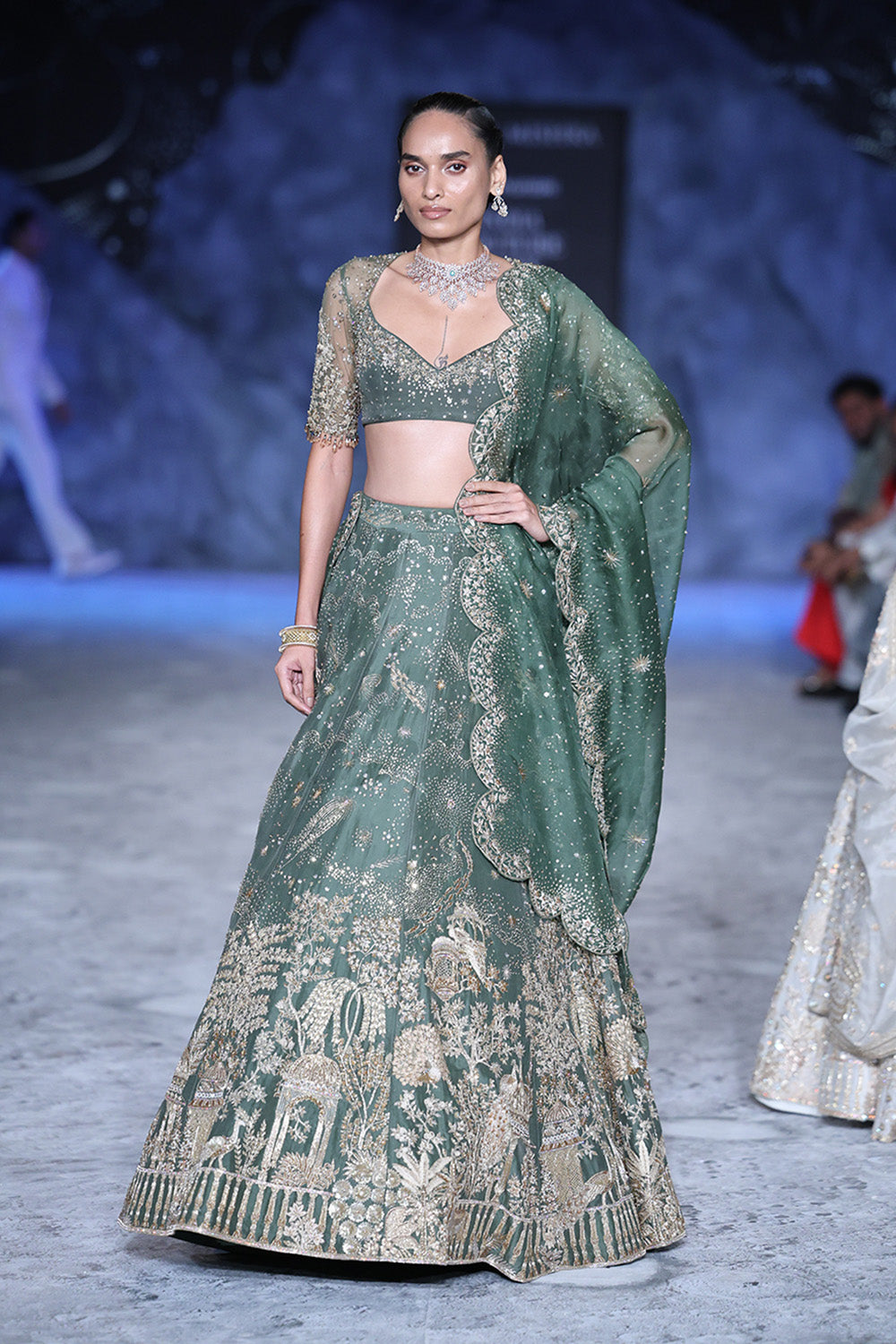 Chandni Hand-Embroidered Blouse, Lehenga &amp; Gold Dual Dupatta Set in Olive