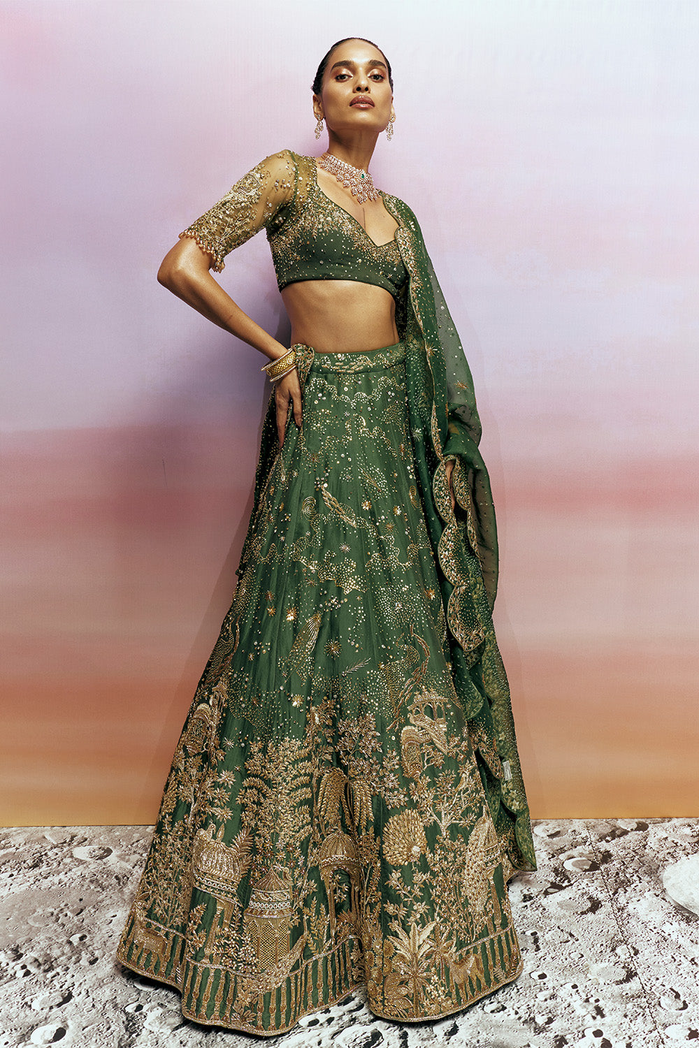 Chandni Hand-Embroidered Blouse, Lehenga &amp; Gold Dual Dupatta Set in Olive